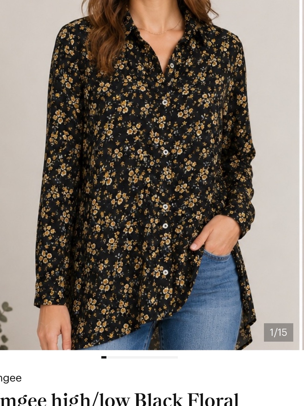 Umgee M Black Floral Button Front Layered Back Tunic Top Boho